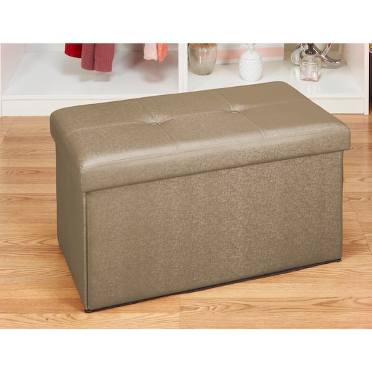 Simplify Metallic Brown Faux Leather Double Folding Storage Ottoman